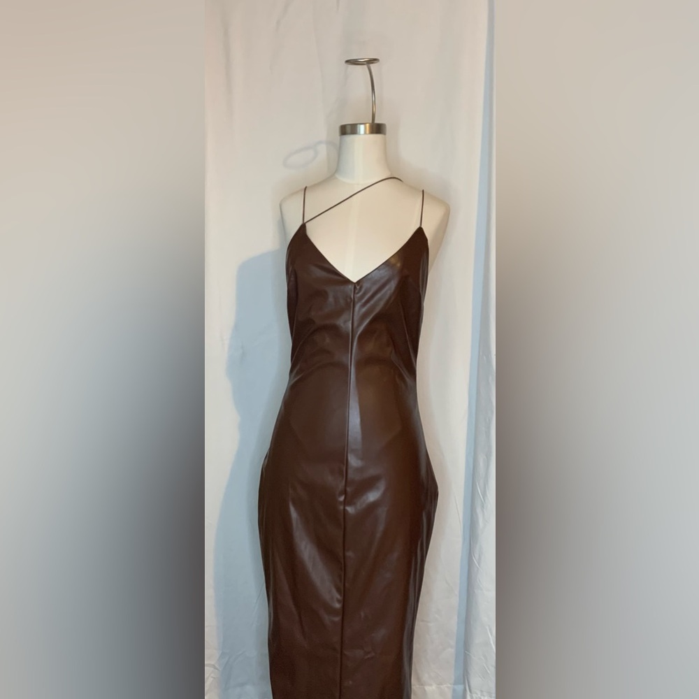 3 for $30 Women’s Fashion Nova Brown Foux leather cross strap Midi Dress NWT!!!